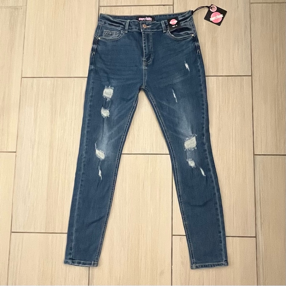 NWT Y2K Blue Distressed Denim Sz 15 Stretch Skinny Jeans Grunge Indie Sleaze